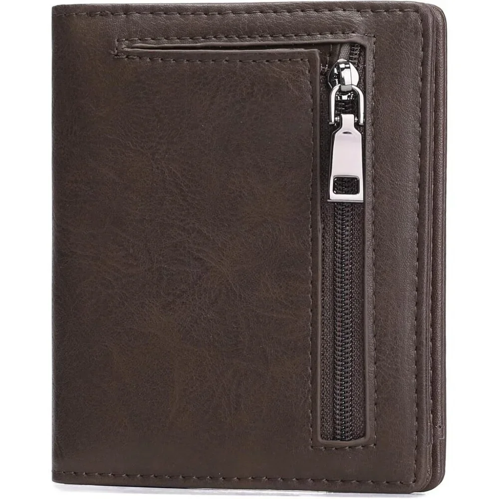 Men's A01 Brown Genuine Leather Minimalist Wallets Card Zipper Coin Pocket